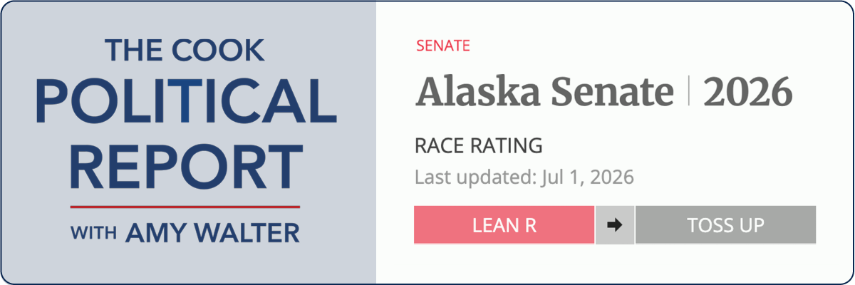 The Cook Political Report with Amy Walter. Alaska Senate 2026 Race Rating, Lean R to Toss Up.