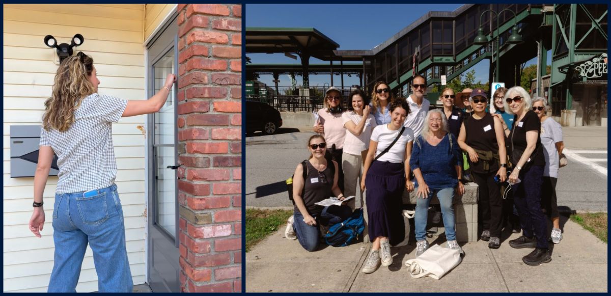 An image of Yasmin knocking on a door, next to another image of a group of Swing Left volunteers posing for a group photo.