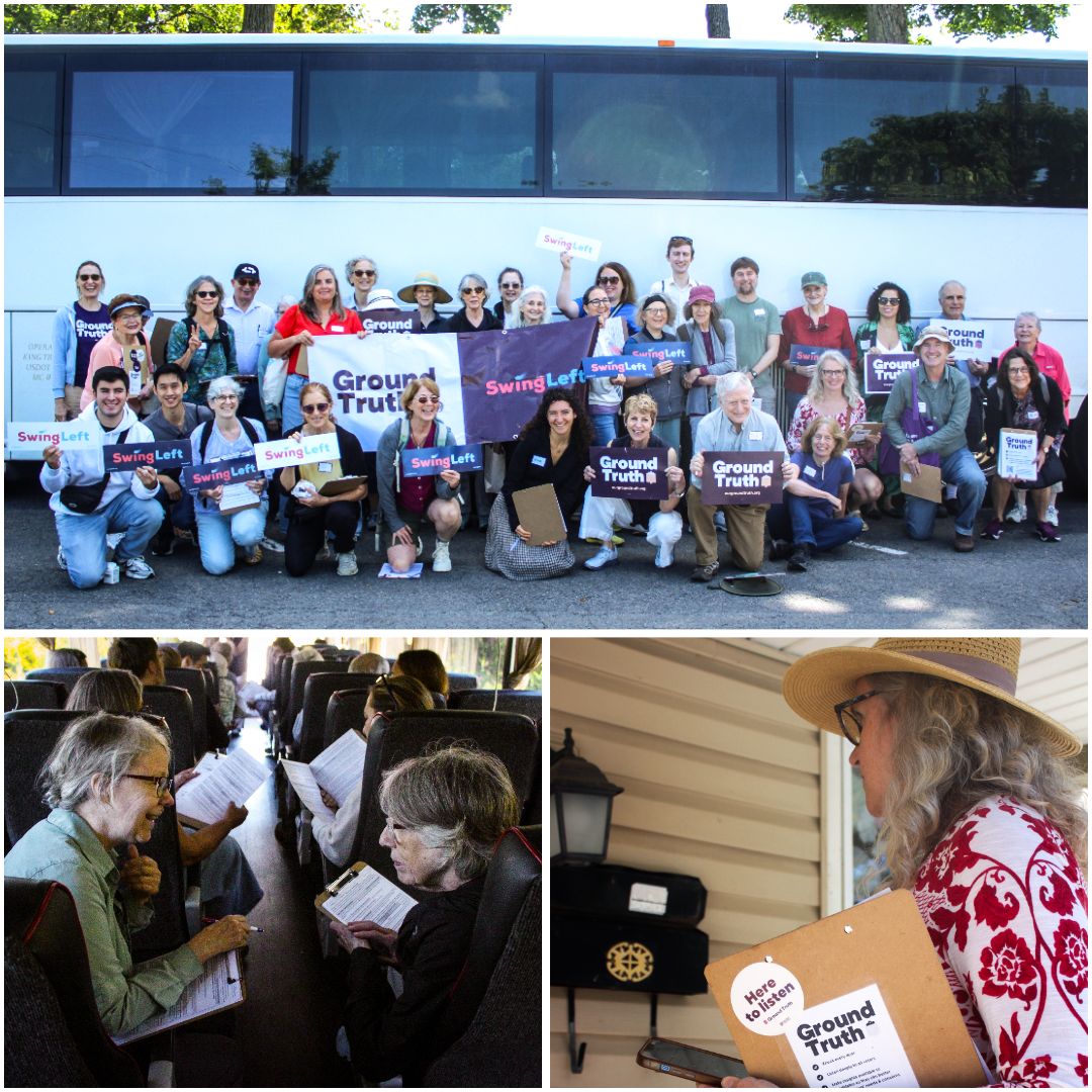 A collage of photos showing a group of volunteers posing outside a bus, people talking on the bus, and a volunteer knocking on a door with a Ground Truth clipboard.